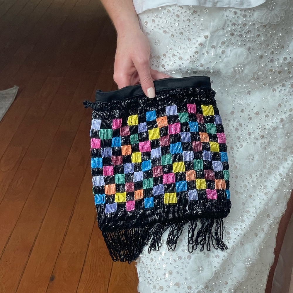 STAUD Black Multicolor Beaded Fringe Clutch